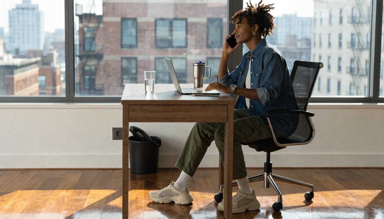 Professional using a WebRTC softphone at a modern office desk with desk phone replaced