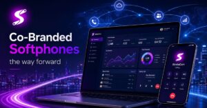 Co-branded softphone dashboard and mobile app shown under the StrataCom brand